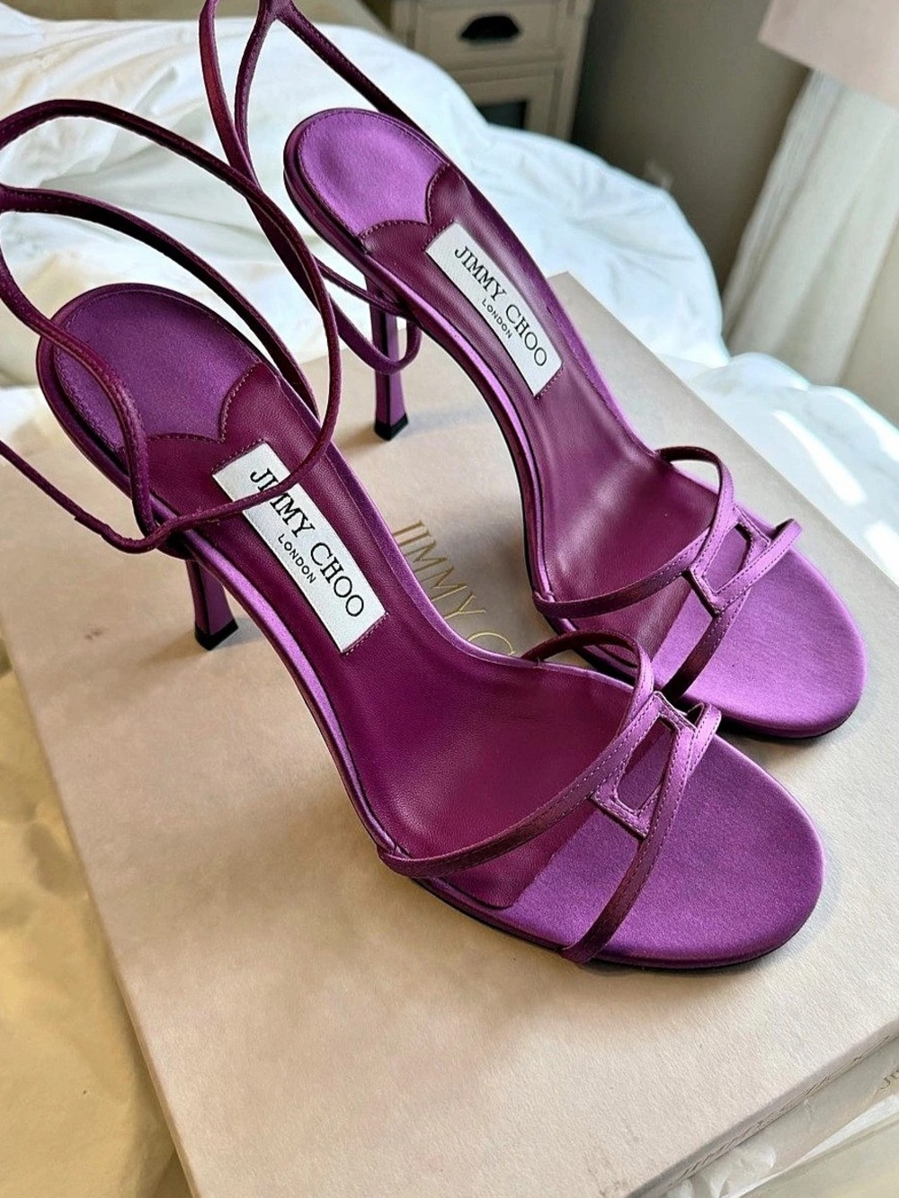 Jimmy Choo Leo 100 Satin Strappy Heels in Violet Orchid EU 40